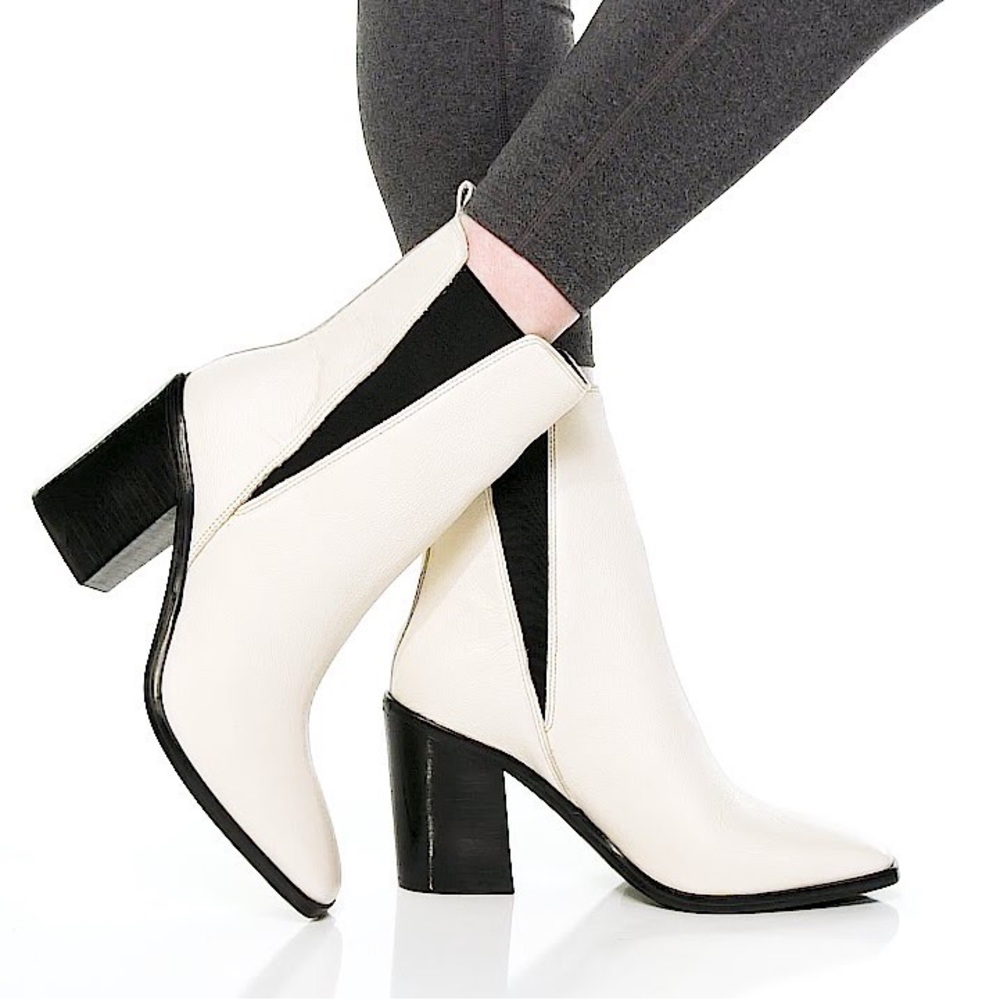Marc Fisher White Leather Ankle Boots with Black Trim